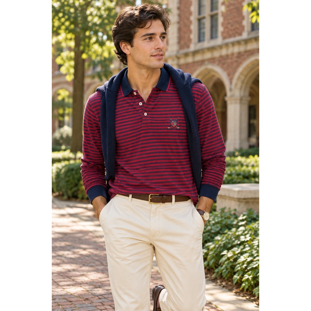Vintage Polo Golf Ralph Lauren Mens Polo Shirt L Red Striped Long Sleeve Crest